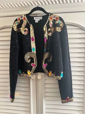Vintage Outlander Black Embellished Sequin Jacket with Multicolor Gem Accents